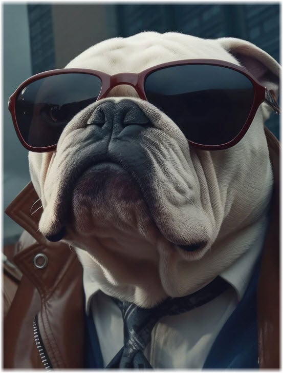 illustration of a bulldog wearing a tie and sunglasses